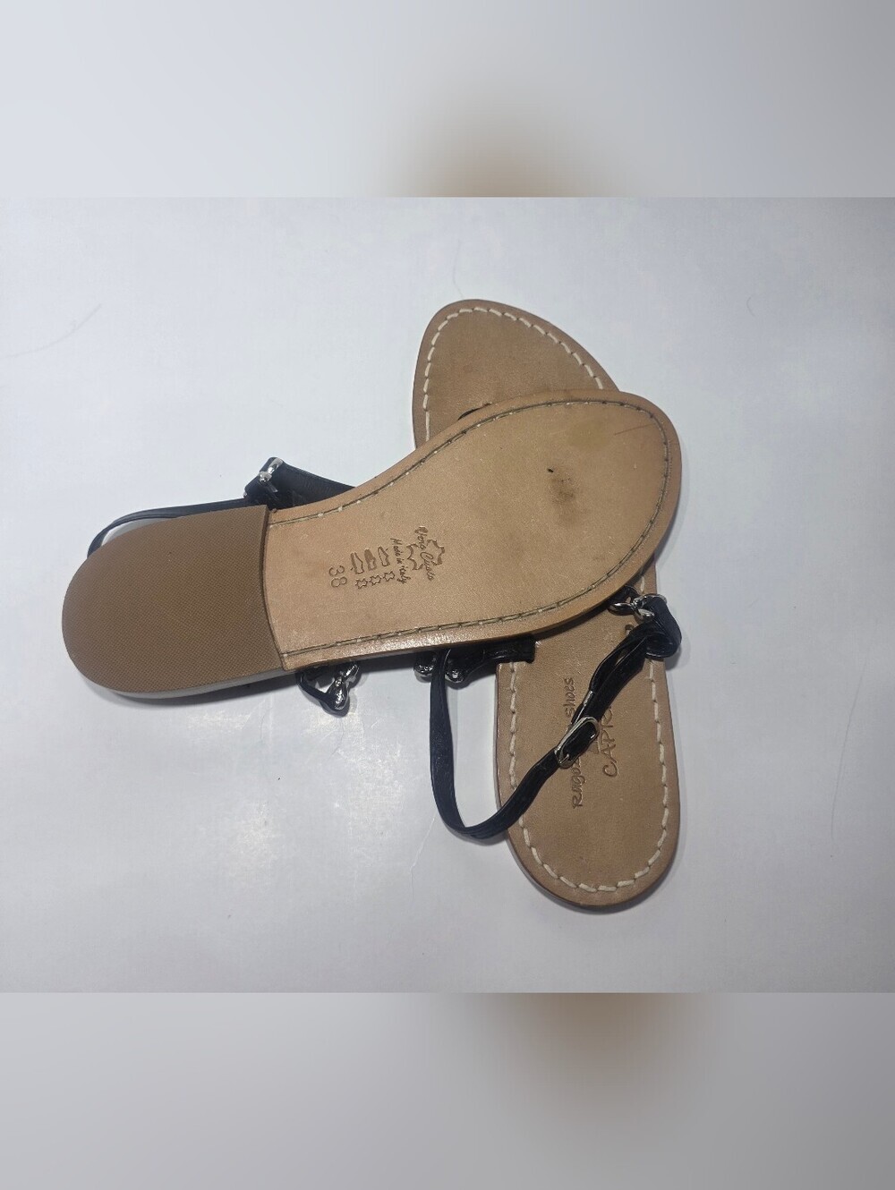 Ragazzino Shoes Capri Black Leather Thong Sandals Women's Size 38 Made in Italy - Picture 3 of 3
